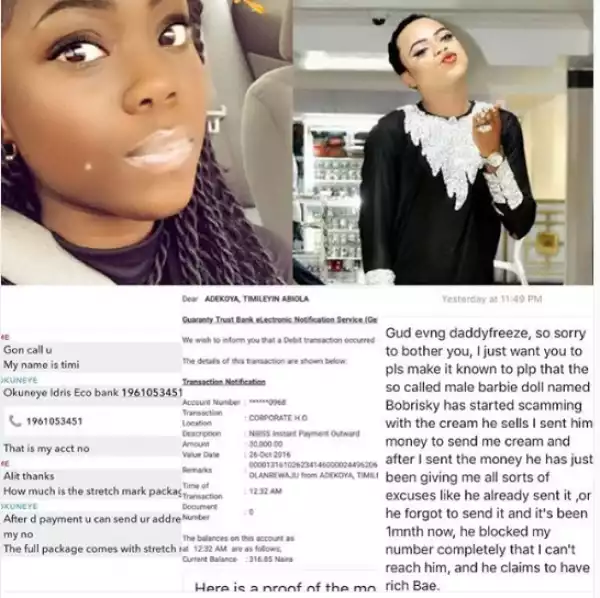 Lady calls out Bobrisky for blocking her number after receiving money from her for his product